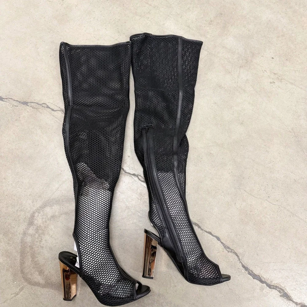 Bamboo Spotlight Black Mesh Over The Knee Boots Gold Block Heel Peep Toe Size 9